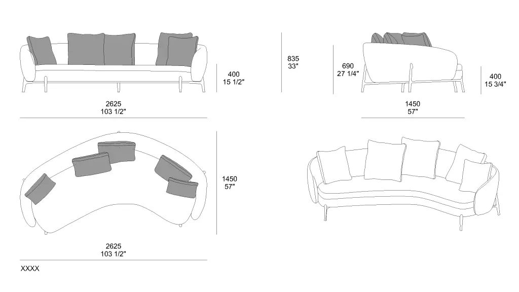 Free Curved Sofa CAD Block – Top, Side, Section, and 3D Views in 2D